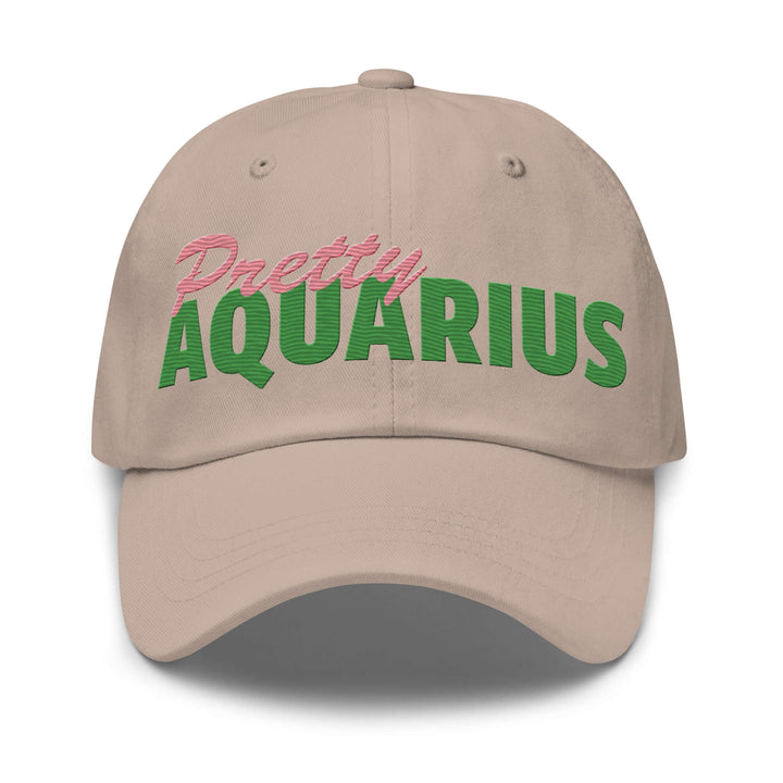 Pretty Aquarius cap featuring pink and green embroidery, perfect for sorority and fraternity paraphernalia.