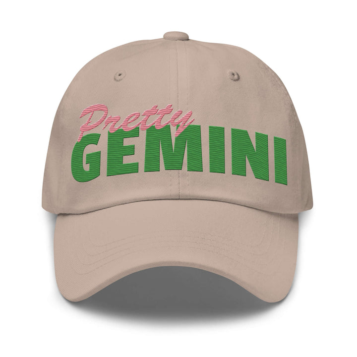 Pink Gemini hat for sorority and fraternity paraphernalia, featuring embroidered text and an adjustable strap.