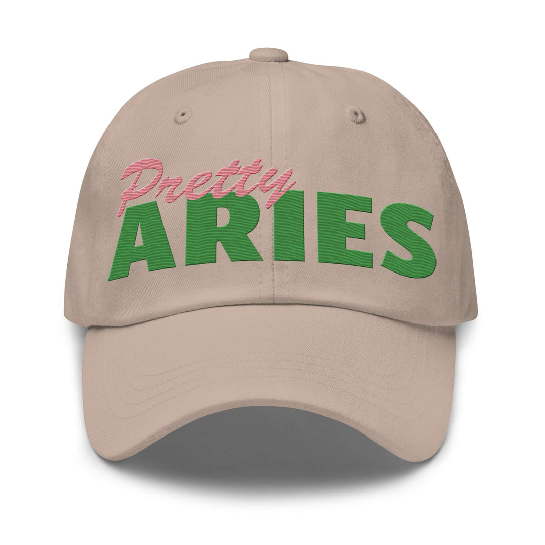 Pretty Aries Hat in beige with green and pink embroidery, perfect for sorority and fraternity paraphernalia, stylish Greek gear.
