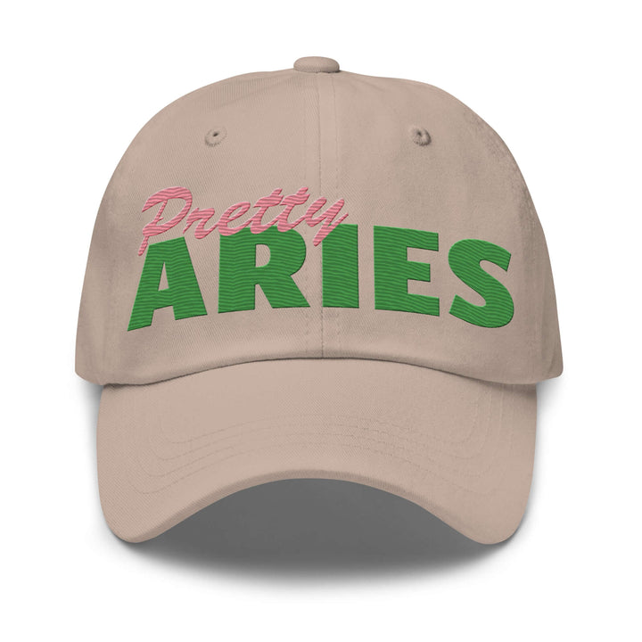 Pretty Aries Hat in beige with green and pink embroidery, perfect for sorority and fraternity paraphernalia, stylish Greek gear.