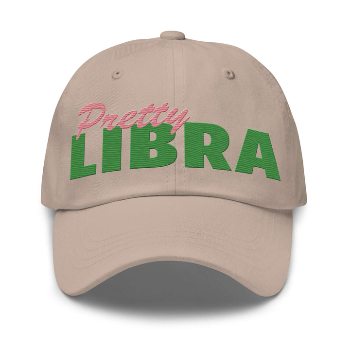 Pretty Libra cap in beige with bold pink and green embroidery; perfect for sorority and fraternity gear.