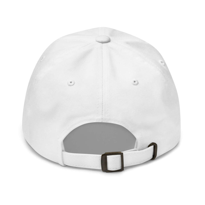 Back view of a white unstructured sorority hat with adjustable strap and embroidered eyelets.