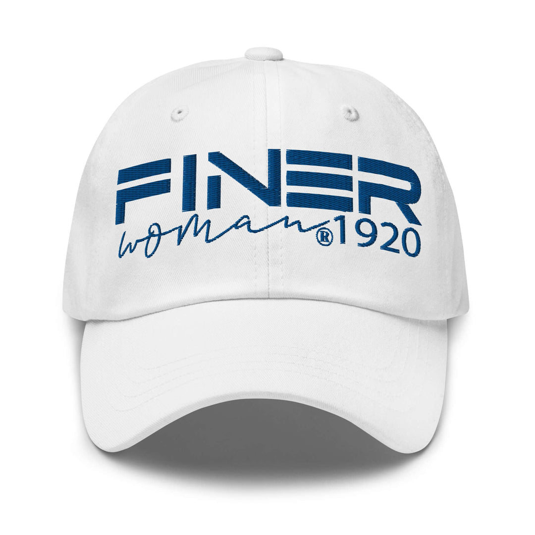 Zeta Phi Beta Finer hat in white with blue embroidery, perfect for sorority paraphernalia and Greek gear.