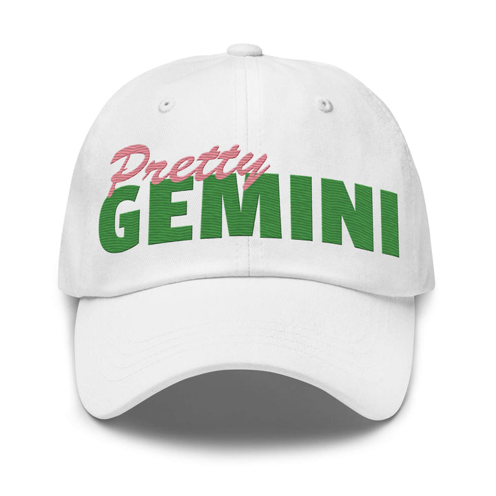 Pretty Gemini hat in white, featuring bold pink and green embroidery, perfect for Greek gear and sorority paraphernalia.