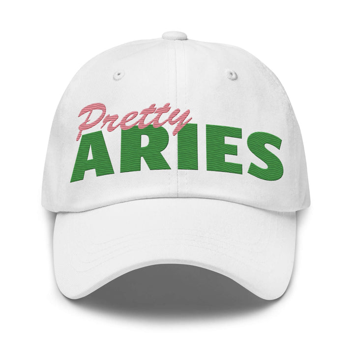Pretty Aries hat in white with green camo lettering, perfect for sorority and fraternity paraphernalia and Greek gear.
