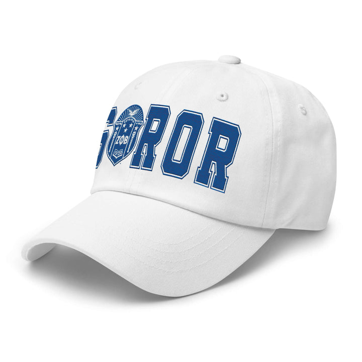 White Zeta Phi Beta Soror hat with bold blue letters and emblem, perfect for Greek gear enthusiasts.