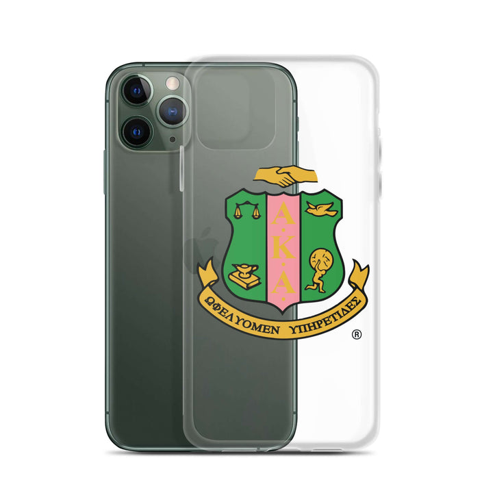 AKA clear iPhone case featuring sorority logo, protecting against scratches while showcasing Greek gear style.