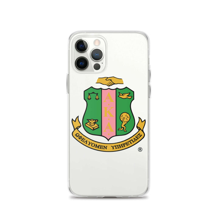 Clear iPhone® case featuring AKA sorority emblem, sleek design perfect for Greek gear enthusiasts.