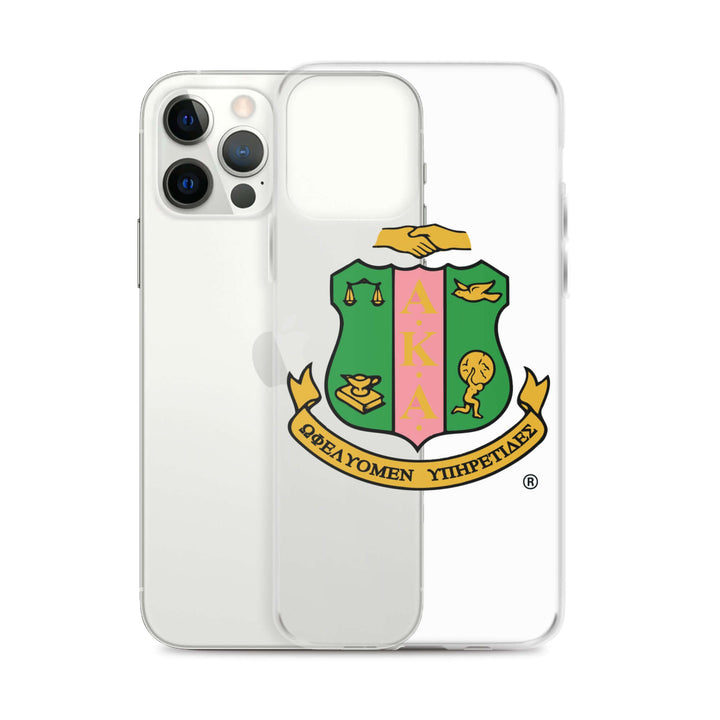 AKA clear iPhone case featuring sorority crest, perfect for Greek gear and fraternity paraphernalia. Stylish and protective design.