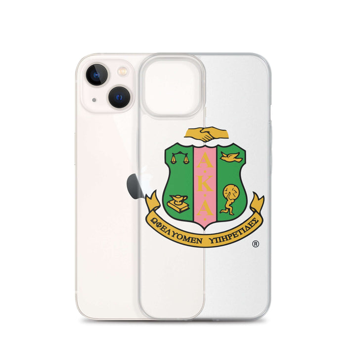 AKA clear case for iPhone®, showcasing sorority colors and emblem for stylish Greek gear protection.