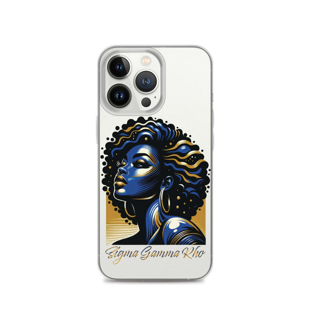 SGRho beauty clear case featuring a stylish illustration of a woman, perfect Greek gear for sorority supporters.