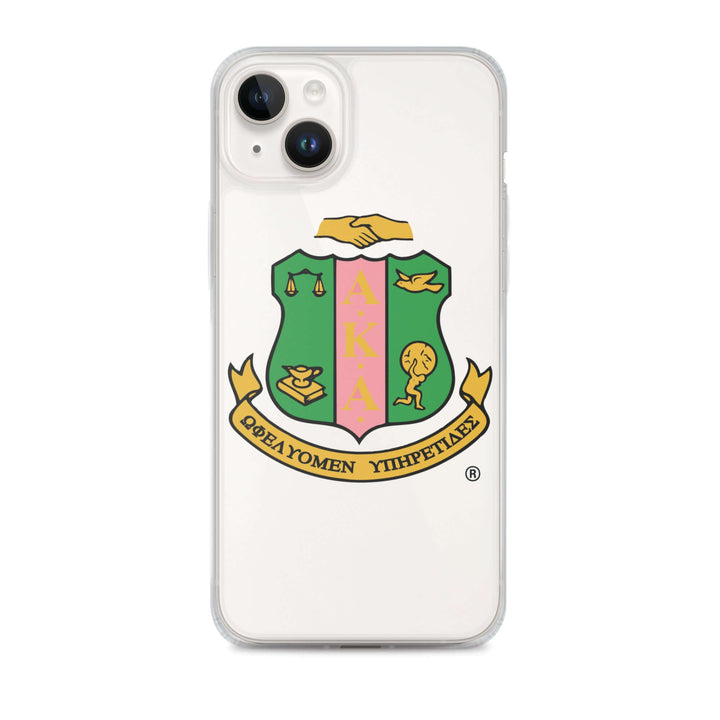 AKA Clear Case for iPhone® featuring Greek gear with sorority emblem, offering stylish protection and easy access to ports.