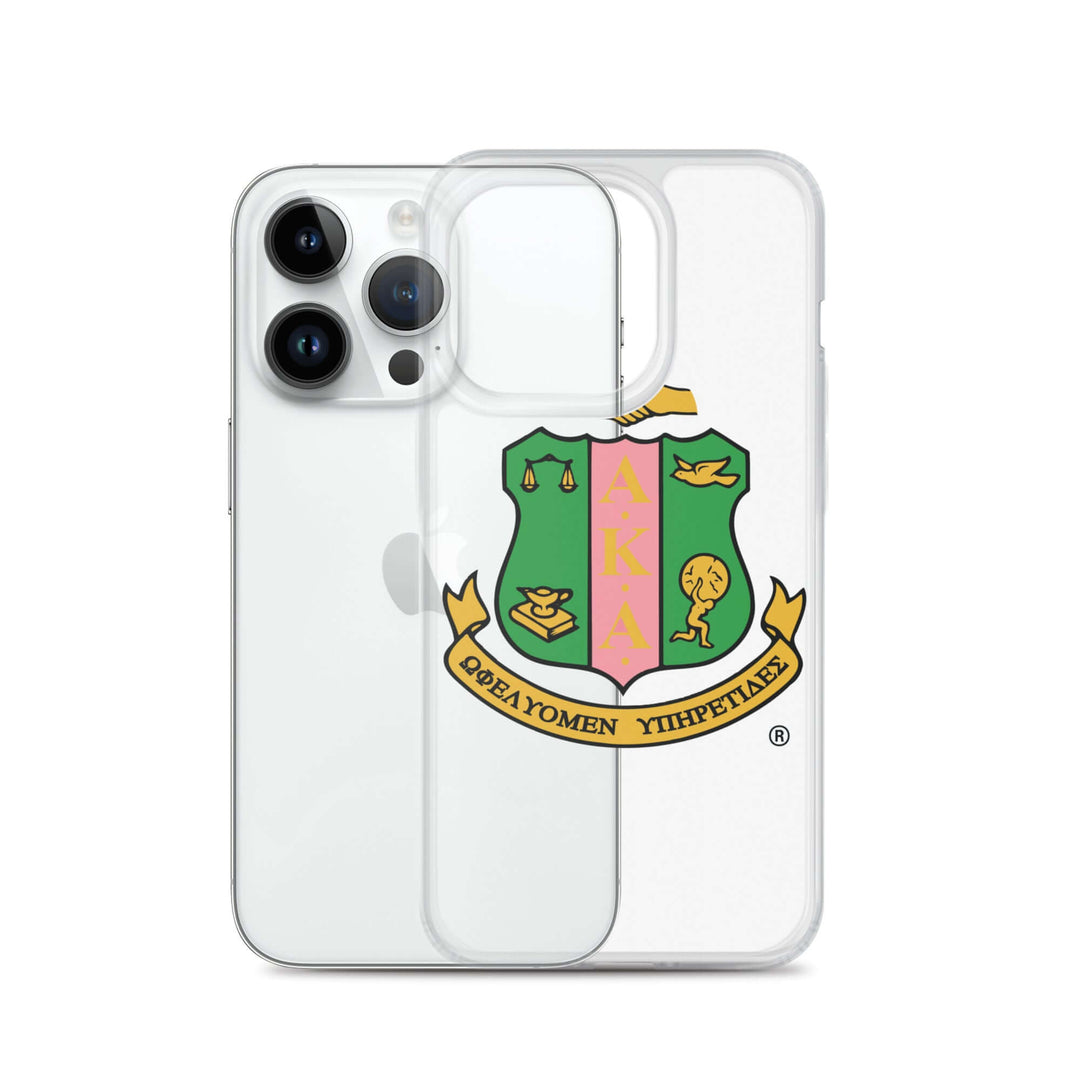 Sleek AKA clear case for iPhone®, showcasing sorority spirit with Greek gear and vibrant emblem design.