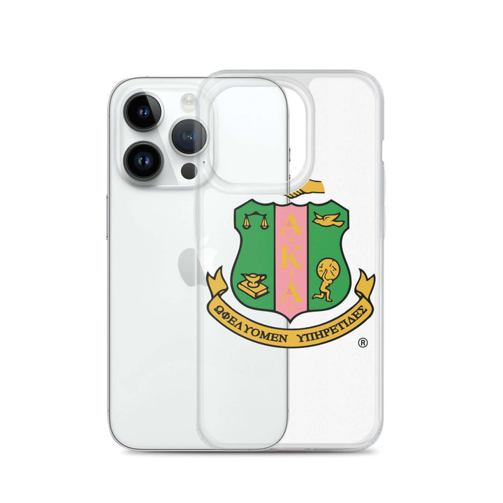 Sleek AKA clear case for iPhone®, showcasing sorority spirit with Greek gear and vibrant emblem design.