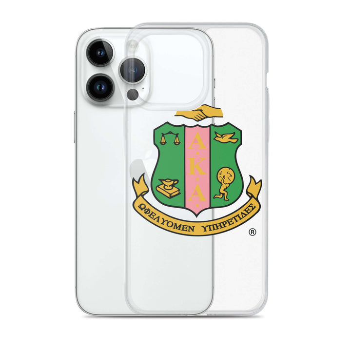 Clear AKA iPhone case displaying sorority symbol, offering stylish protection and showcasing Greek gear pride.