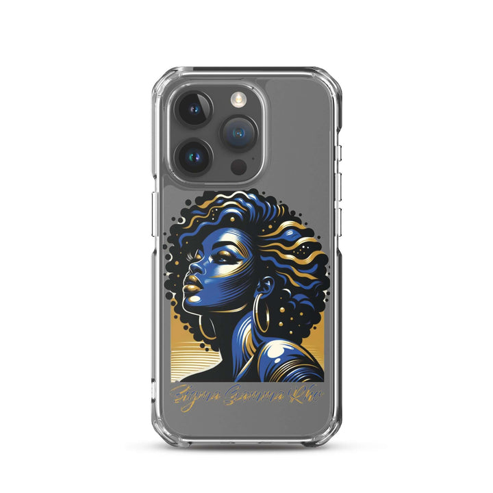 SGRho Beauty Clear Case for iPhone® featuring a bold, artistic illustration of a woman with curly hair, celebrating Greek gear and culture.
