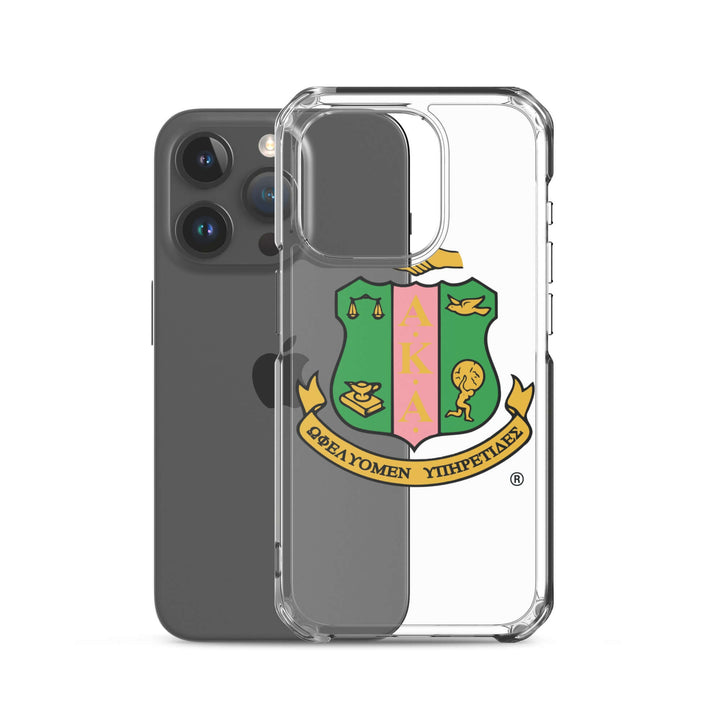 Clear AKA iPhone® case showcasing sorority emblem, perfect Greek gear for fraternal organization pride and protection.