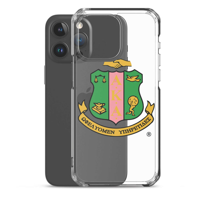 Clear AKA iPhone® case featuring greek gear and sorority logo, offering stylish protection and easy access to ports.