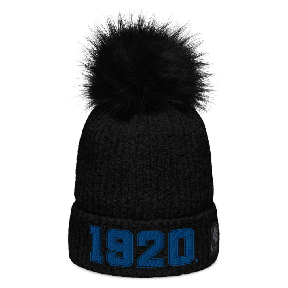 Zeta Phi Beta black pom-pom beanie with 1920 logo, perfect sorority and Greek gear for winter warmth and style.