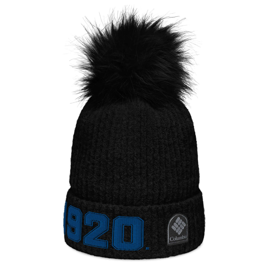 Zeta Phi Beta Columbia pom-pom beanie in black, featuring a soft knit, cuffed design, and stylish pom for sorority winter wear.
