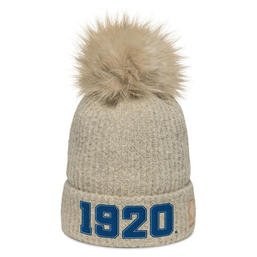 Zeta Phi Beta Columbia beanie with faux fur pom, featuring 1920, perfect for sorority winter style and warmth.