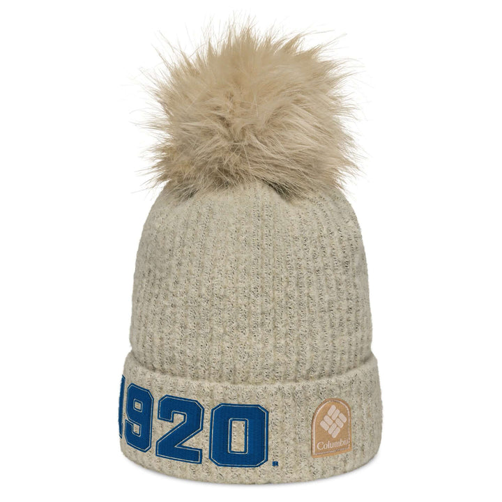 Zeta Phi Beta Columbia pom-pom beanie with cuffed design, soft knit, and 1920 logo, perfect for sorority winter gear.