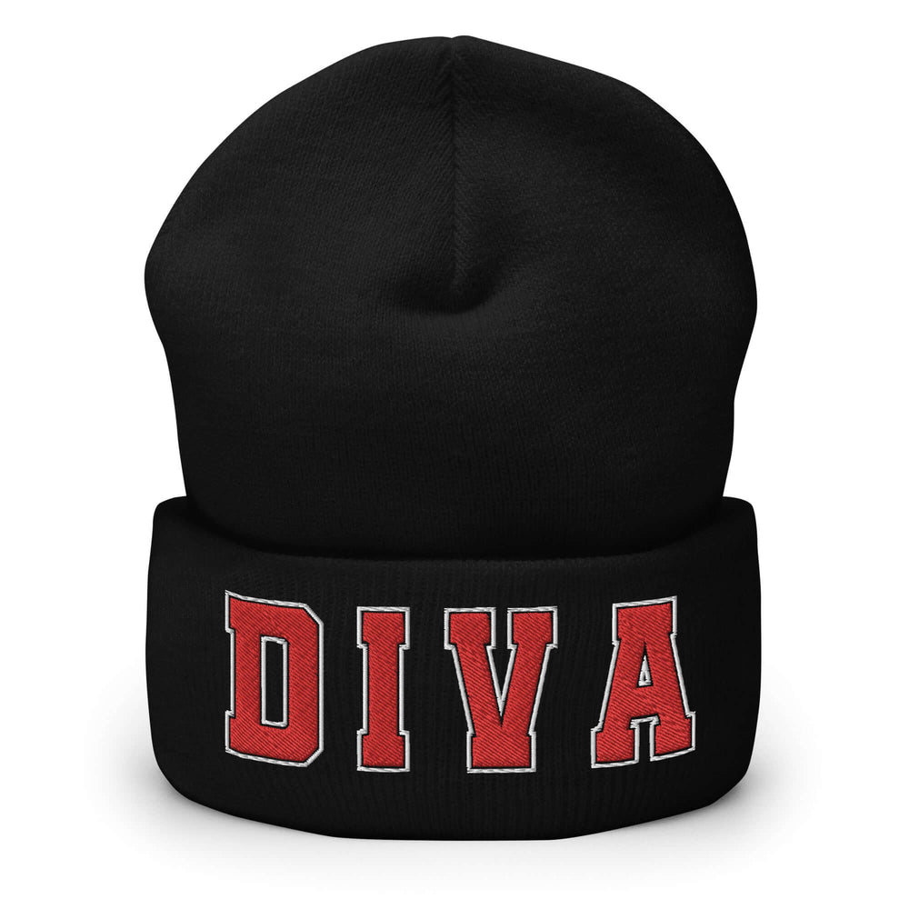 Cuffed black beanie with red "DIVA" lettering, perfect for sorority and fraternity greek gear enthusiasts.