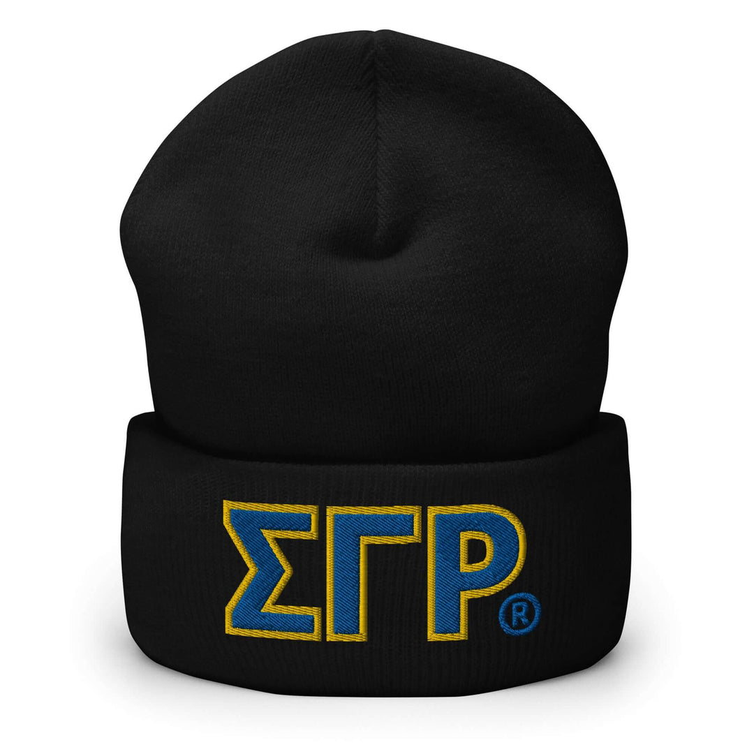 Sigma Gamma Rho classic beanie in black featuring embroidered letters, perfect sorority gear and stylish accessory.