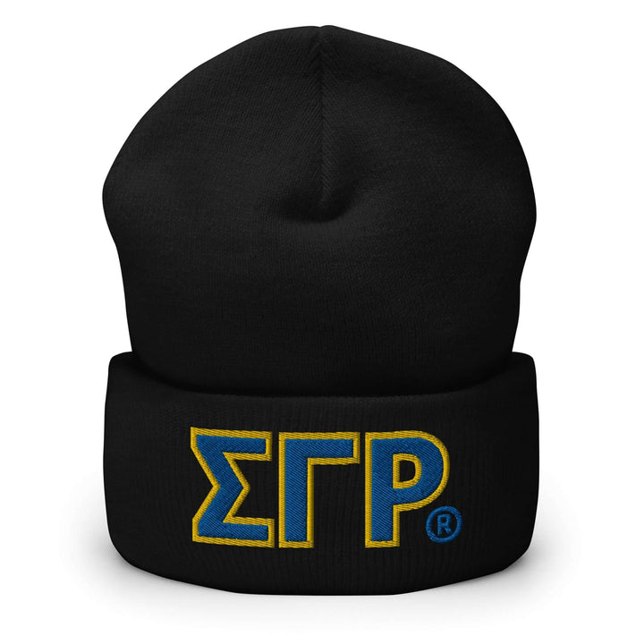 Sigma Gamma Rho classic beanie in black featuring embroidered letters, perfect sorority gear and stylish accessory.