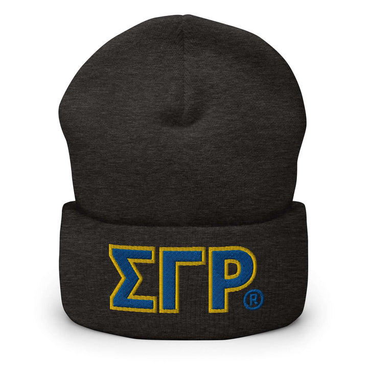 SGRho classic beanie in dark gray, featuring embroidered Sigma Gamma Rho letters, perfect for sorority and fraternity gear.