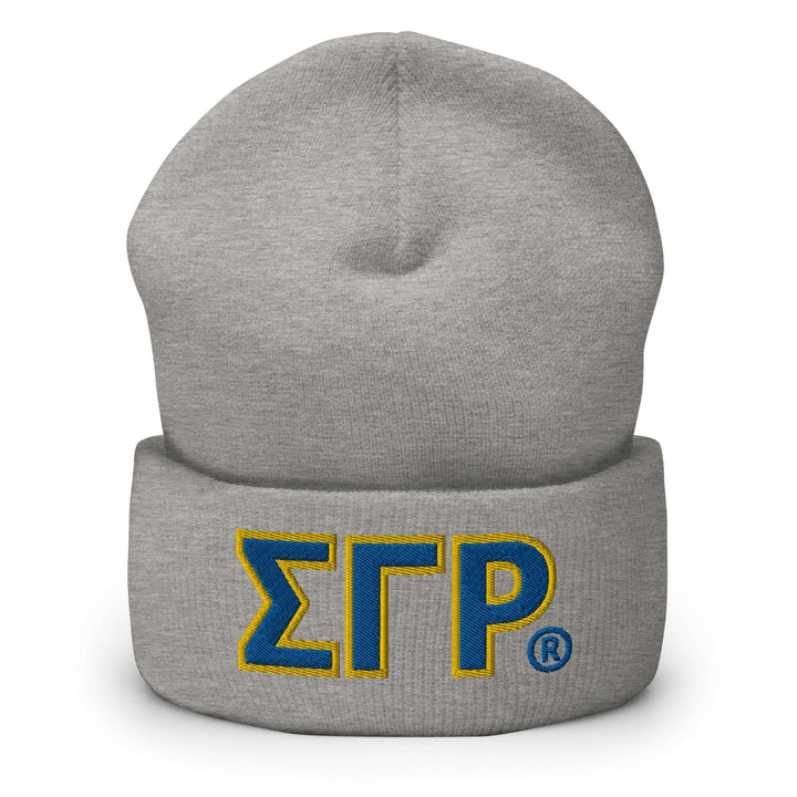 SGRho classic beanie in gray, featuring embroidered Sigma Gamma Rho letters, ideal sorority paraphernalia and Greek gear.
