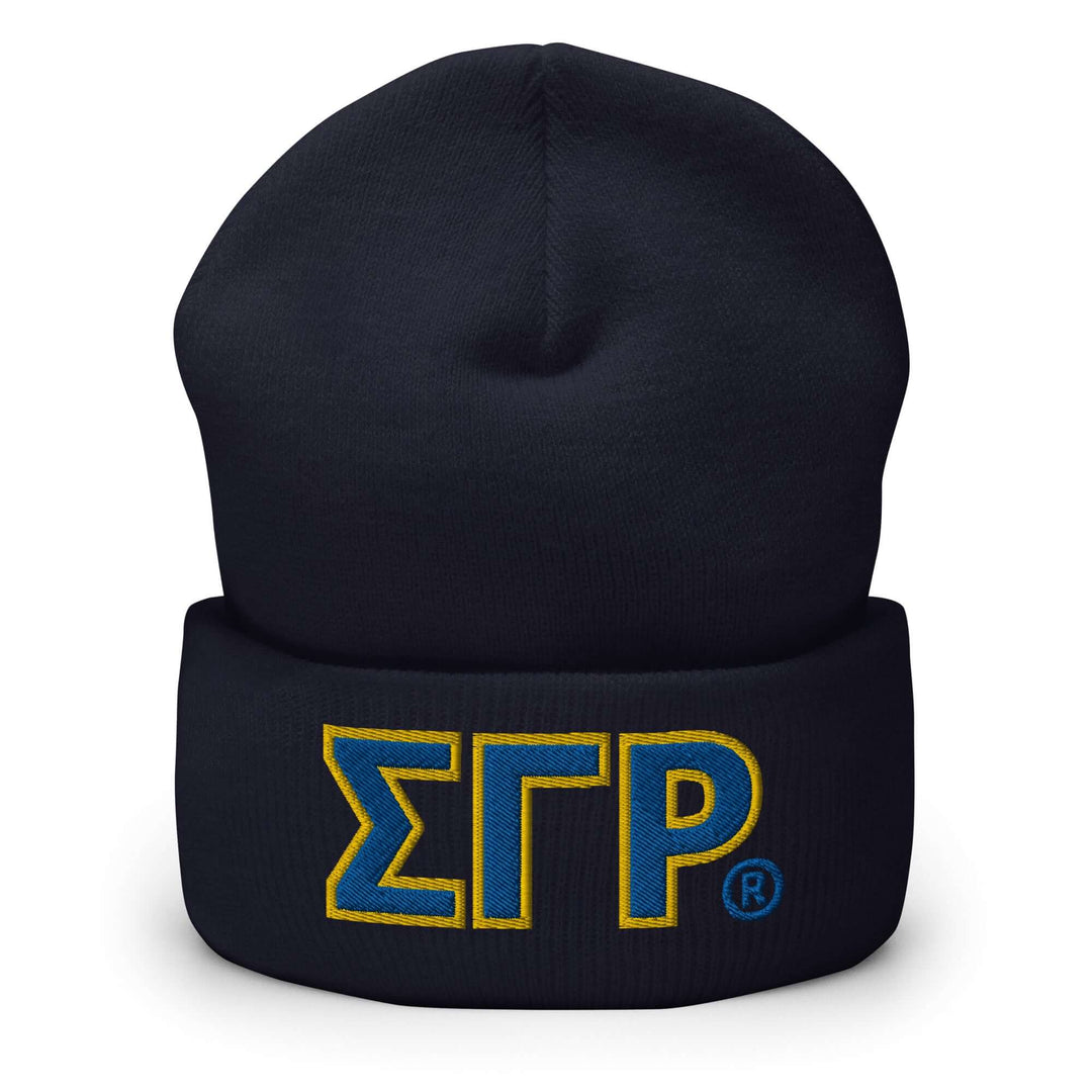 SGRho classic beanie in navy blue, featuring embroidered Greek letters, a must-have for sorority and fraternity gear.