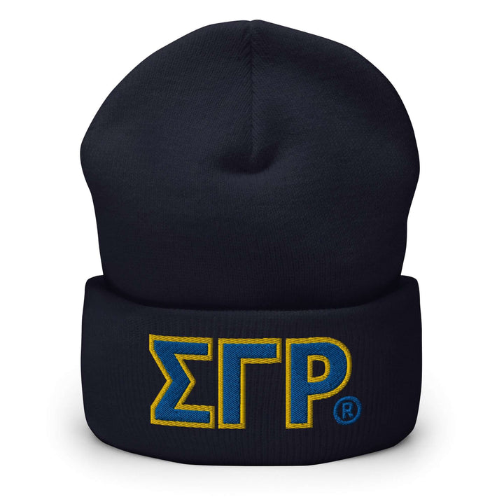 SGRho classic beanie in navy blue, featuring embroidered Greek letters, a must-have for sorority and fraternity gear.
