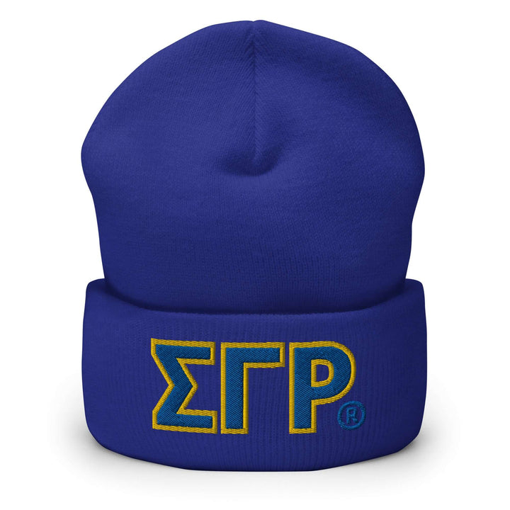SGRho classic beanie in blue featuring embroidered Sigma Gamma Rho letters, perfect sorority paraphernalia and Greek gear.