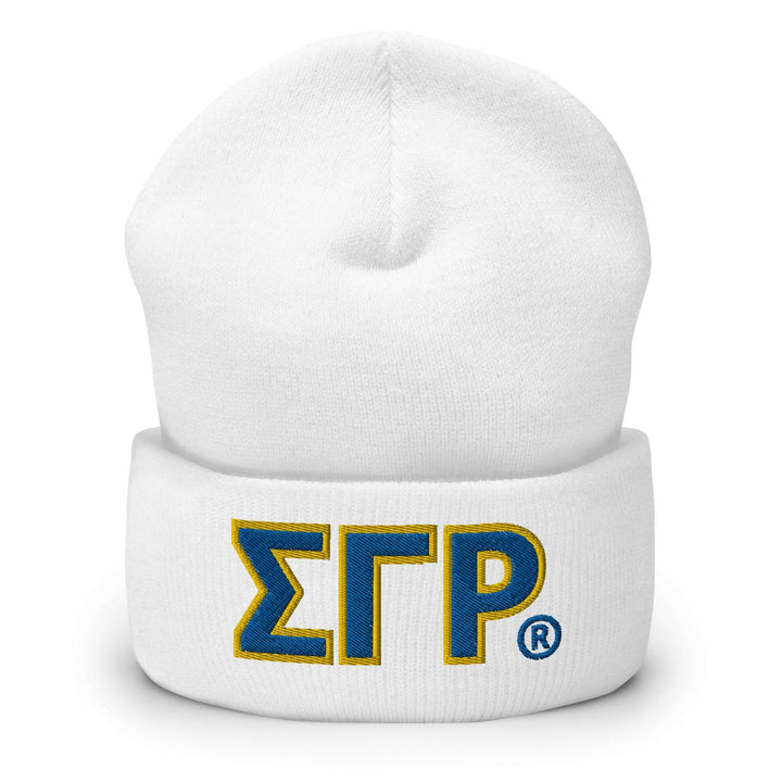 SGRho classic beanie in white, perfect for sorority paraphernalia and Greek gear enthusiasts.
