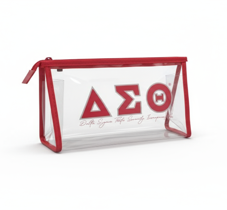 Delta Sigma Theta clear cosmetic bag with crimson trim by A&W Greek Shop, TSA-approved sorority travel pouch for toiletries and accessories.