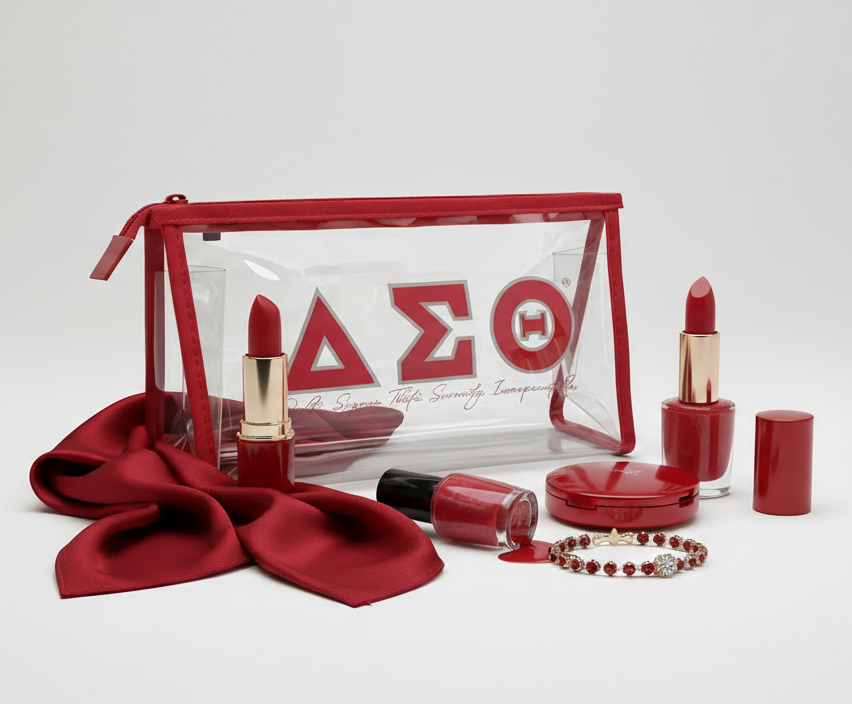 Delta Sigma Theta clear cosmetic bag with crimson trim styled with red lipstick, nail polish, scarf, and bracelet by A&W Greek Shop for sorority travel and beauty essentials.