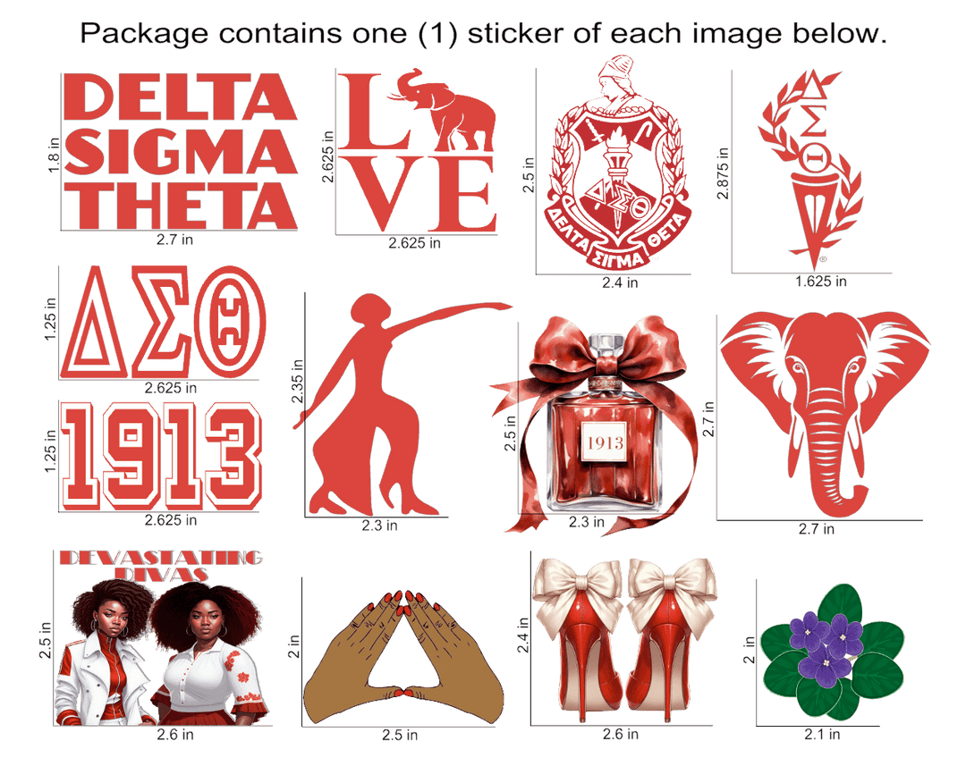 Delta sorority stickers featuring Delta Sigma Theta, love, elephants, and Greek gear designs for fraternity paraphernalia.