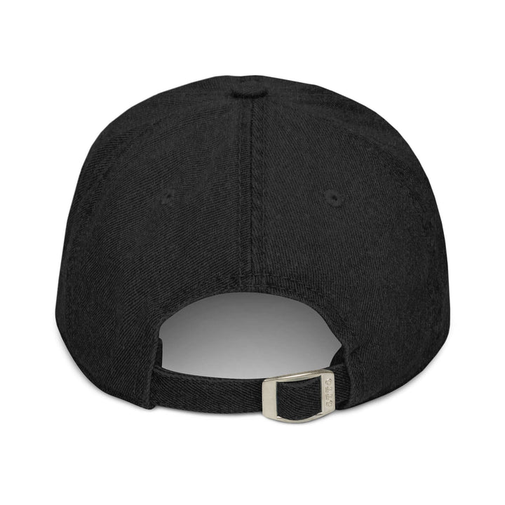Back view of the black pigment-dyed denim hat, featuring adjustable strap and 6 sewn eyelets, perfect for sorority and fraternity gear.