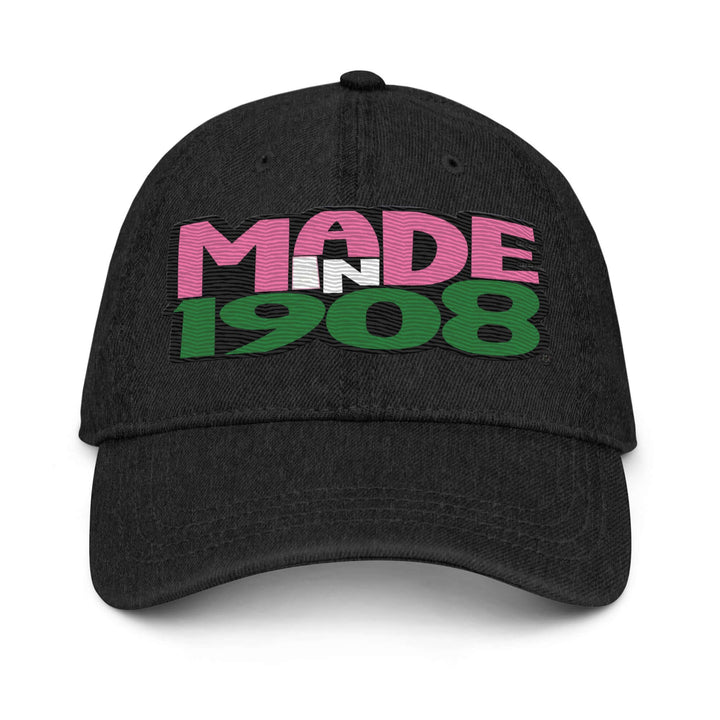 AKA Made in 1908 denim hat, perfect sorority paraphernalia for Alpha Kappa Alpha members. Stylish and adjustable Greek gear.