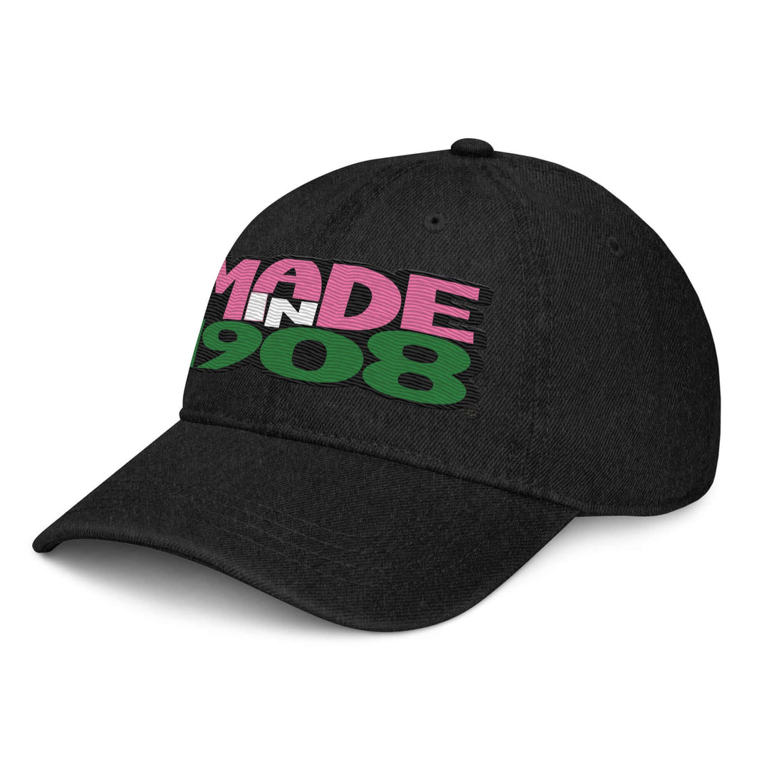 Black denim hat featuring "MADE IN 1908" in pink and green, perfect for sorority and fraternity Greek gear.