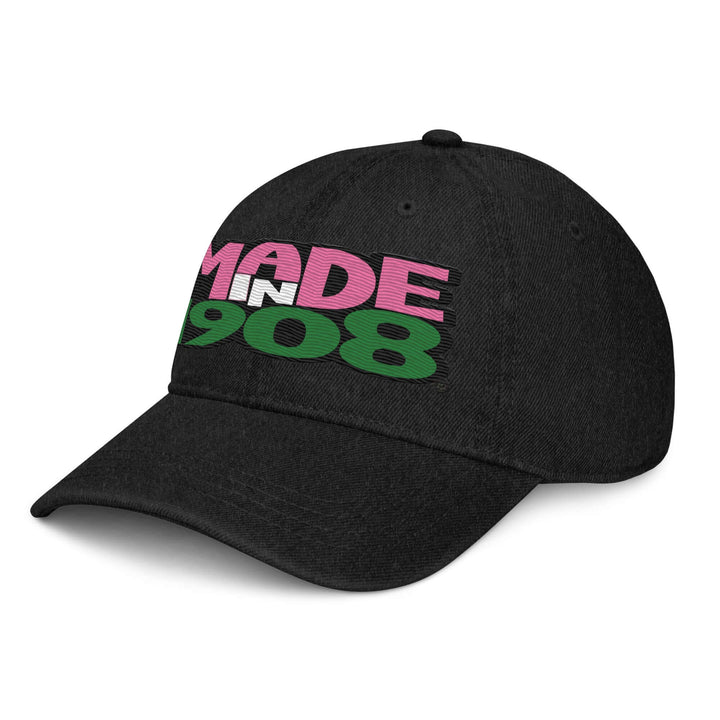 Black denim hat featuring "MADE IN 1908" in pink and green, perfect for sorority and fraternity Greek gear.