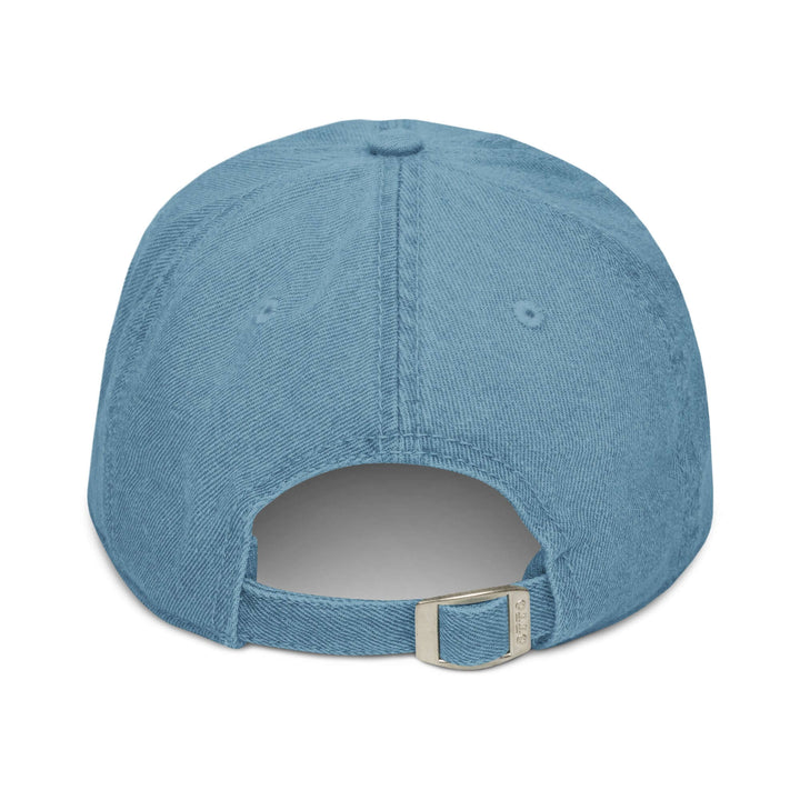 Back view of a 1908 denim hat featuring an adjustable strap, perfect for sorority and fraternity paraphernalia.
