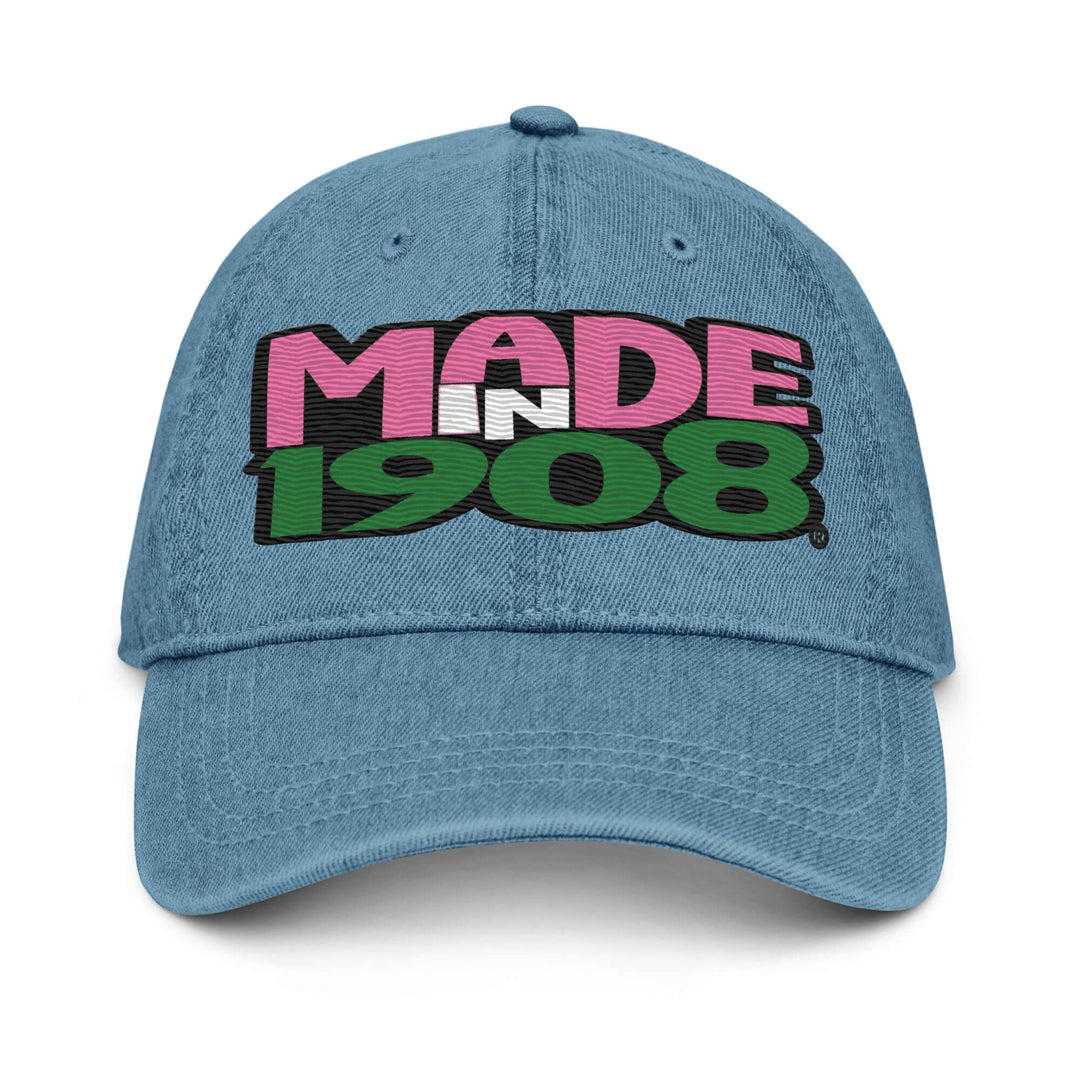 AKA Made in 1908 denim hat in teal, perfect for sorority and fraternity paraphernalia and Greek gear.