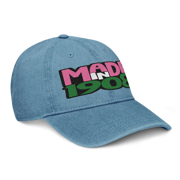 AKA Made in 1908 denim hat, perfect for sorority paraphernalia and greek gear enthusiasts.