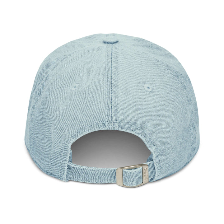 Back view of a light blue denim hat showing adjustable strap, perfect for sorority and fraternity gear.