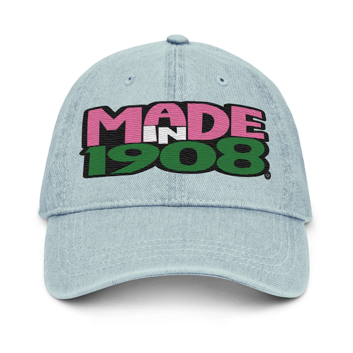 Pigment-dyed denim hat featuring "MADE IN 1908" design, perfect for sorority and fraternity Greek gear.
