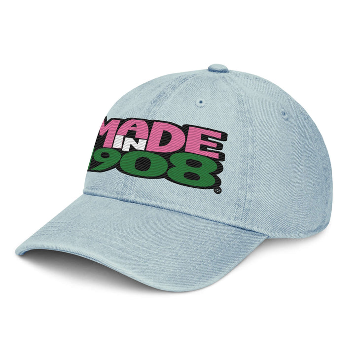Blue denim hat with "MADE IN 1908" graphic, perfect for sorority and fraternity Greek gear enthusiasts.