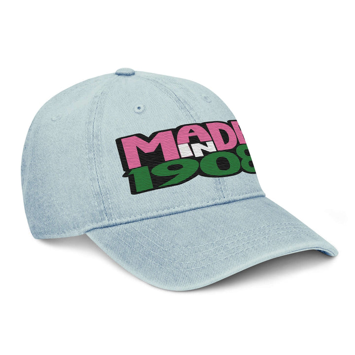 AKA Made in 1908 denim hat, perfect sorority paraphernalia for Greek gear enthusiasts. Adjustable and stylish accessory.