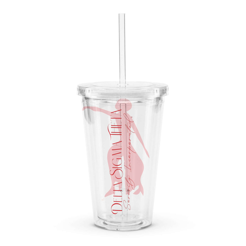 Delta Sigma Theta clear plastic tumbler with lid and straw, ideal for sorority and fraternity events.